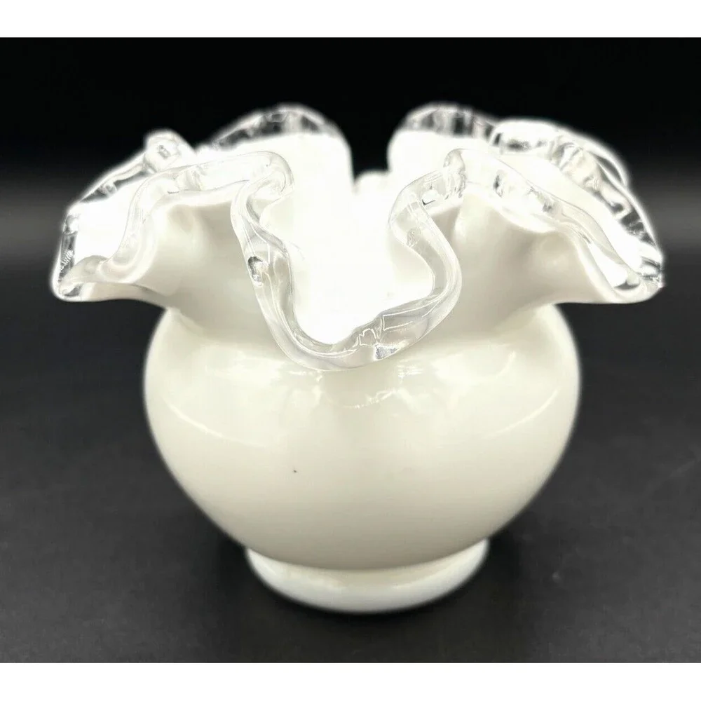 Fenton Opaque White Milk Glass Bowl Vase Small‎ Ruffled Silver Crest Clear Edged